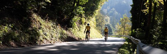 Due ciclisti su una strada ombreggiata nel bosco con vista sulle montagne