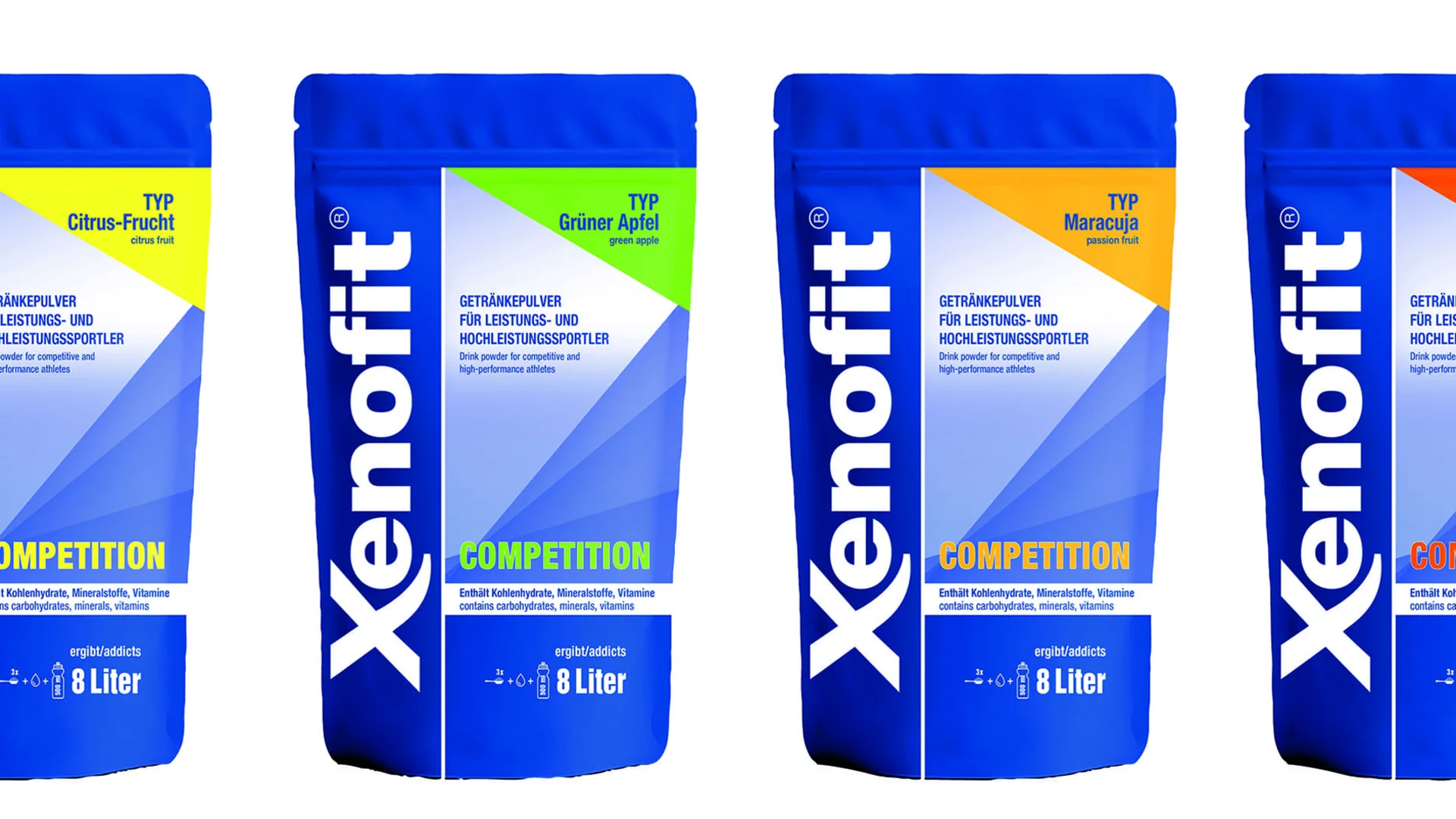 Xenofit © Xenofit GmbH Vier blaue Xenofit Getränkepulverbeutel mit verschiedenen Fruchtgeschmacksrichtungen