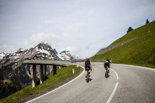 Passi alpini © Bregenzerwald Tourismus - Merlijn Spenkerlink Due ciclisti su una strada di montagna con vette innevate sullo sfondo
