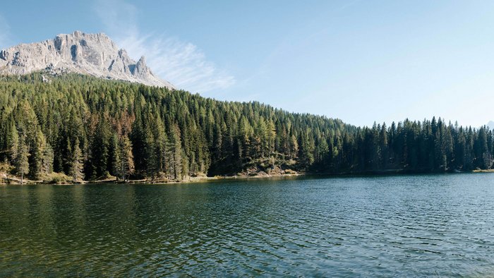 See mit bewaldetem Ufer und Berg im Hintergrund bei klarem Himmel