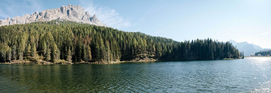 Lake with forested shore and mountain in the background under clear sky