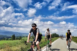 Gruppe von Radfahrern auf Landstraße bei bewölktem Himmel und grüner Landschaft