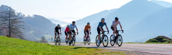 Zes fietsers rijden op een landelijke weg met bergen op de achtergrond