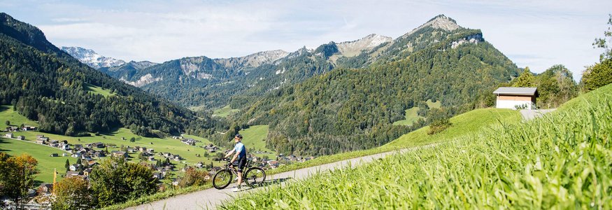 Cyclist on mountain road with Alps and village in the background