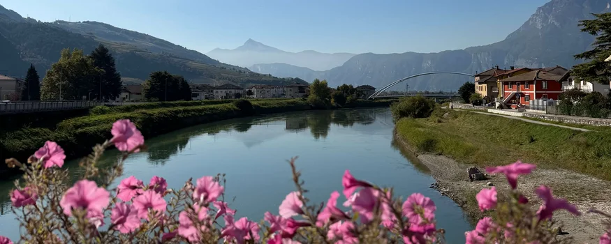 River with pink flowers in foreground and mountains in background under clear sky