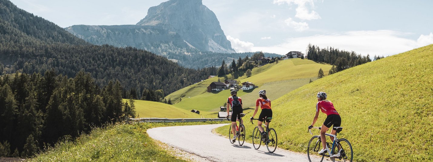 Drei Radfahrer fahren auf einer Bergstraße mit Alpenpanorama