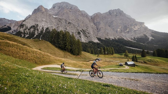 Zwei Radfahrer auf einem Bergweg mit Alpen im Hintergrund
