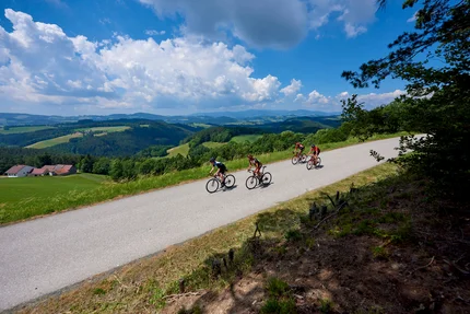 Vier wielrenners fietsen op een plattelandsweg met groene heuvels en blauwe lucht