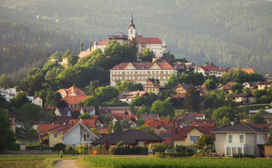 View of village with castle on forested hill in the background
