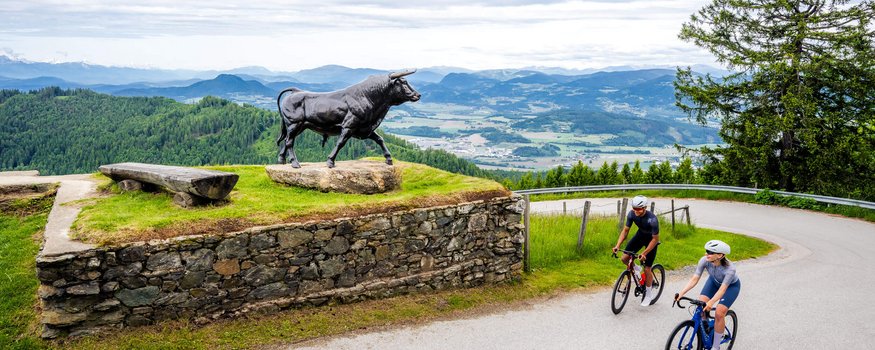 Two cyclists riding past a bull statue on a mountain road