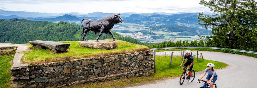 Central Carinthia © Michael Stabentheiner Two cyclists riding past a bull statue on a mountain road