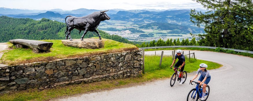 Central Carinthia © Michael Stabentheiner Two cyclists riding past a bull statue on a mountain road