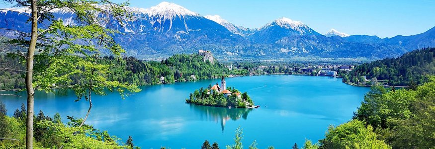 Vista del lago di Bled con isola e chiesa, circondato da monti e boschi
