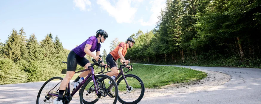 Zwei Radfahrer auf der Straße in einer bergigen Waldlandschaft.