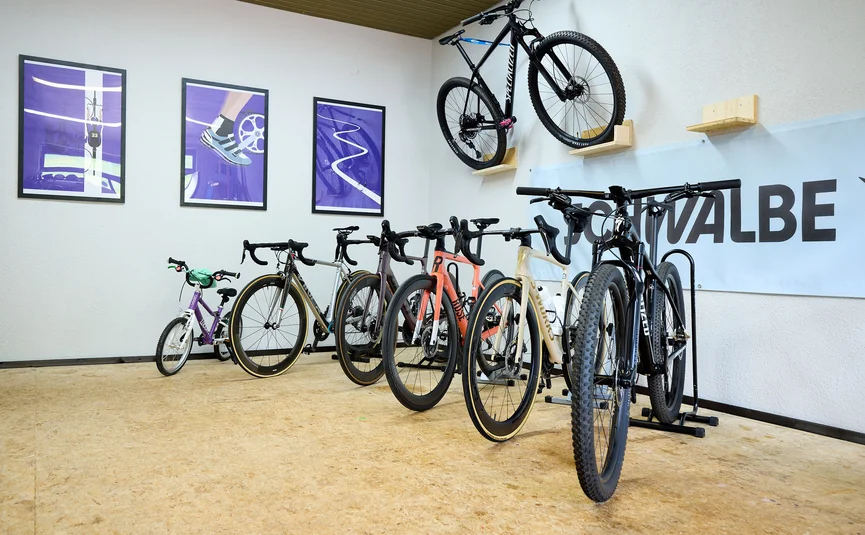 Verschillende fietsen staan en hangen aan de muur in een kamer met houten vloer