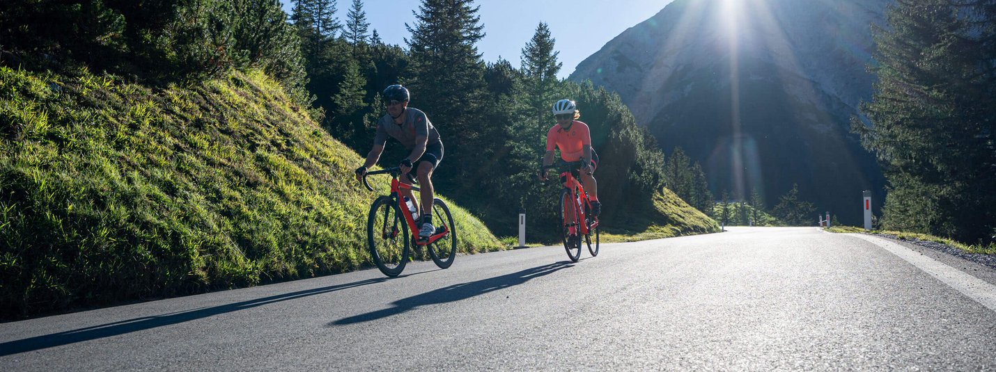 Zwei Radfahrer auf Bergstraße bei Sonnenlicht und Waldkulisse