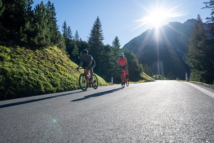 Due ciclisti su strada di montagna con luce solare e foresta