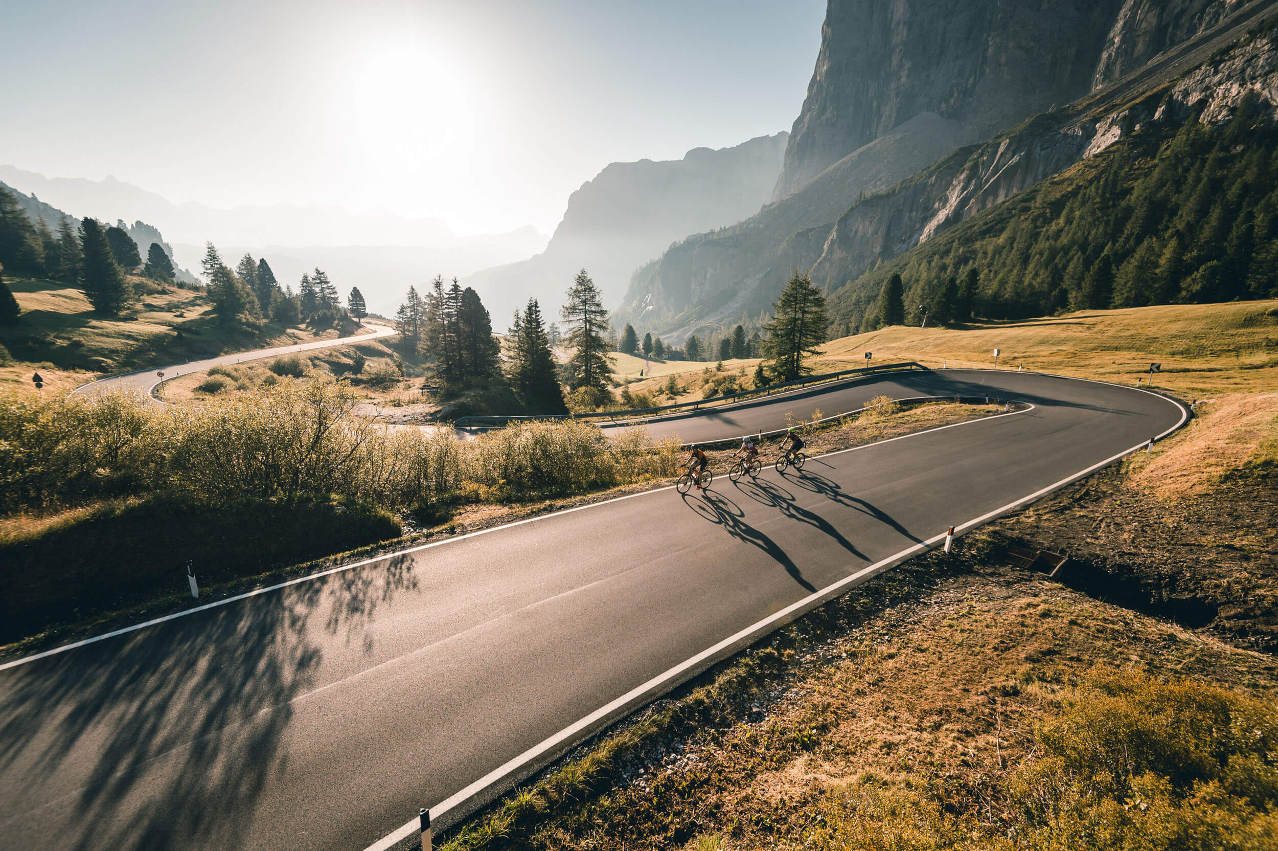 Roadbike Holidays © Molography Tre ciclisti su strada di montagna curva al sole