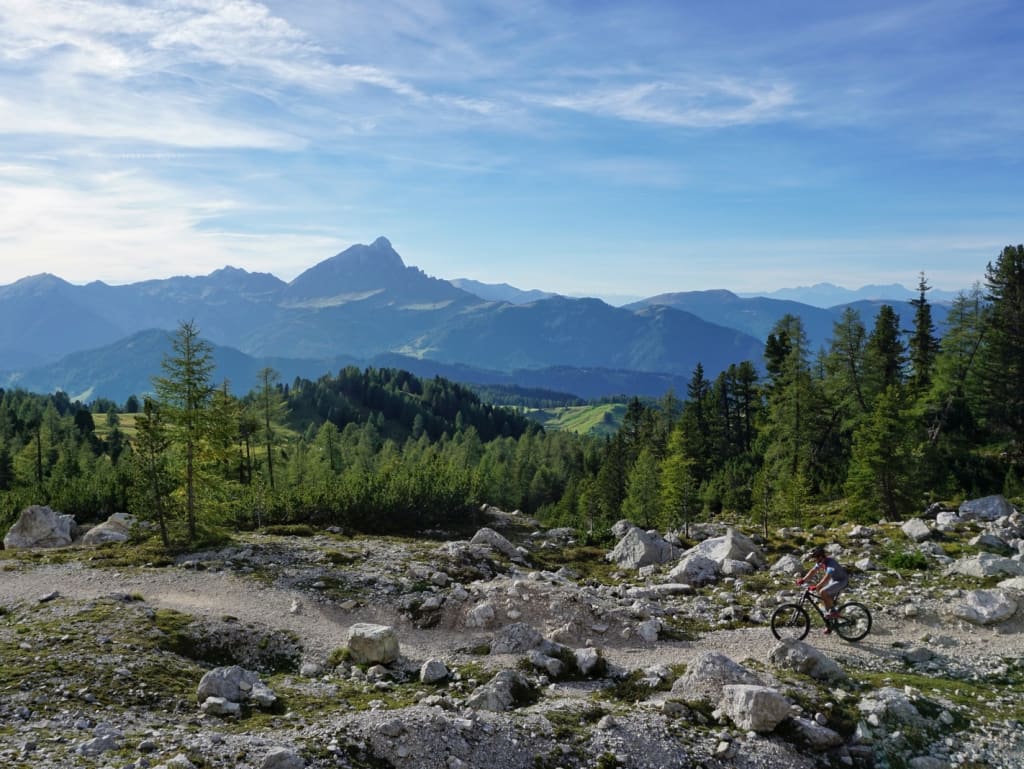 Cyclist on rocky mountain trail with pine trees and distant mountains