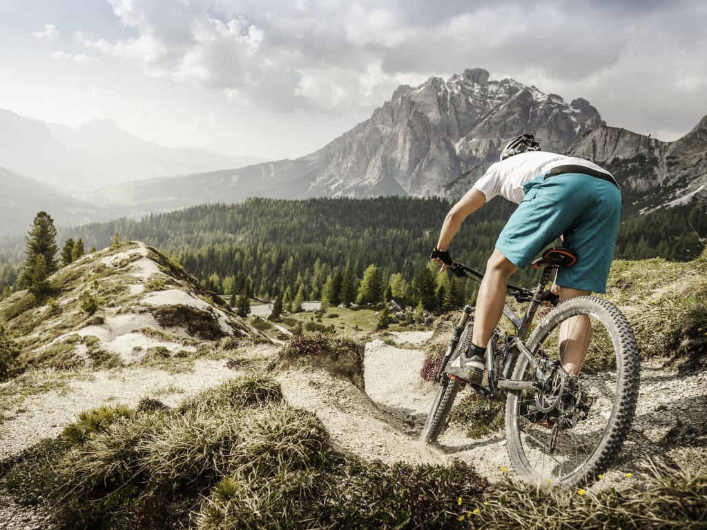 Mountainbiker fährt auf unwegsamem Gelände vor Bergkulisse