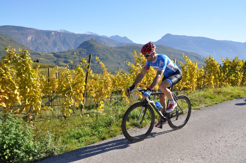 Cyclist riding on country road beside yellow grapevines and mountains under clear sky